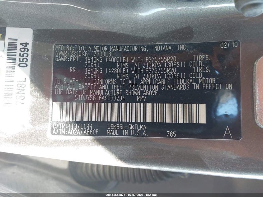 2010 Toyota Sequoia VIN 5TDJY5G16AS033284 IAAI salvage auction — EXTERIOR BURN, Salvage (California), sold $675 on 2026-07-30 (photo 9)