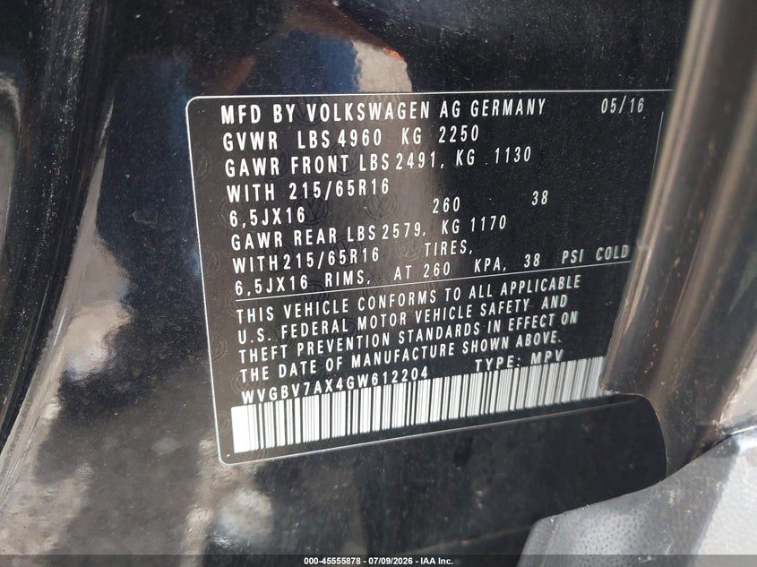 2016 Volkswagen Tiguan VIN WVGBV7AX4GW612204 IAAI salvage auction — HAIL, Junk Bill Of Sale Mv2459 (Wisconsin), sold $700 on 2026-07-23 (photo 9)