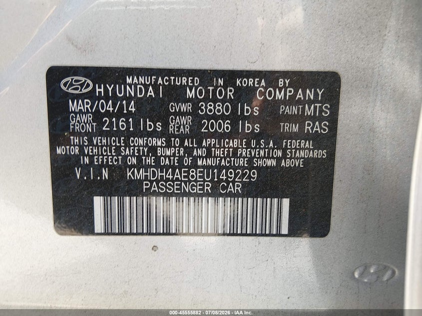 2014 Hyundai Elantra VIN KMHDH4AE8EU149229 IAAI salvage auction — SIDE, Salvage Title, sold $825 on 2026-07-15 (photo 9)