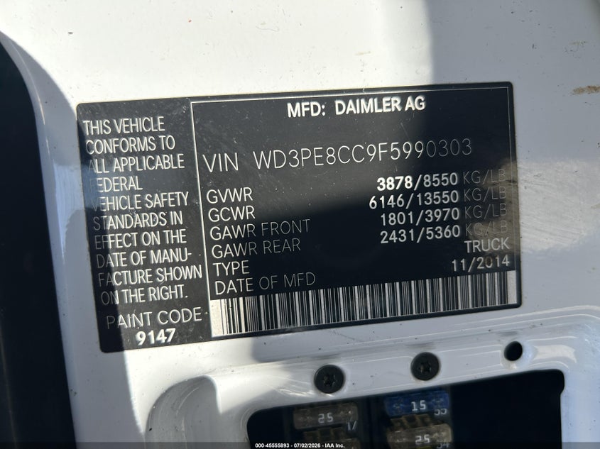 2015 Mercedes-benz Sprinter VIN WD3PE8CC9F5990303 IAAI salvage auction — REPOSSESSION, Clear - Dealer Only (California), sold $4,150 on 2026-08-01 (photo 9)