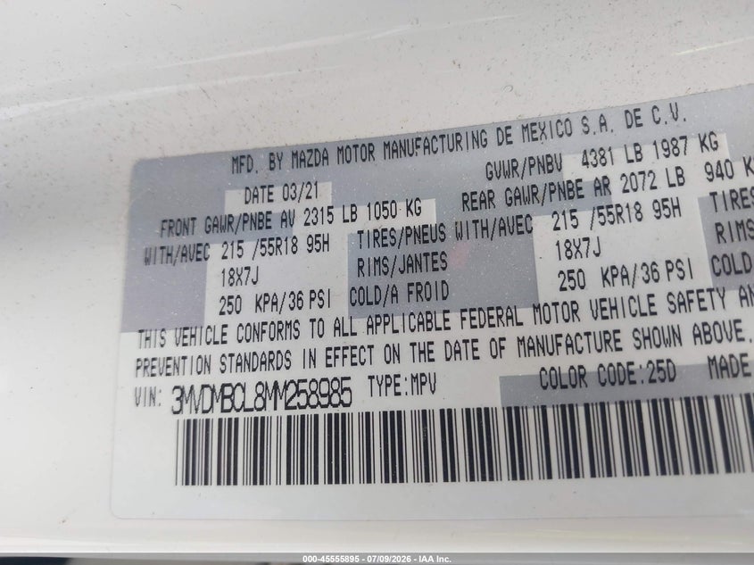 2021 Mazda Cx-30 VIN 3MVDMBCL8MM258985 IAAI salvage auction — LEFT REAR, Salvage - Greater Than 75% (Maryland), sold $7,200 on 2026-08-31 (photo 9)