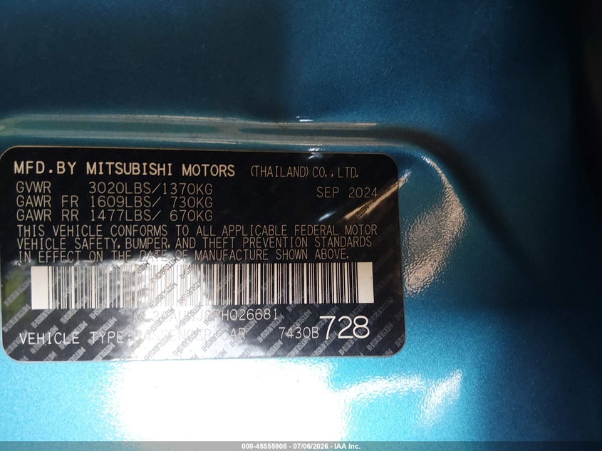 2024 Mitsubishi Mirage VIN ML32AUHJ8RH026681 IAAI salvage auction — LEFT SIDE, Salvage Title, sold $1,500 on 2026-07-21 (photo 9)