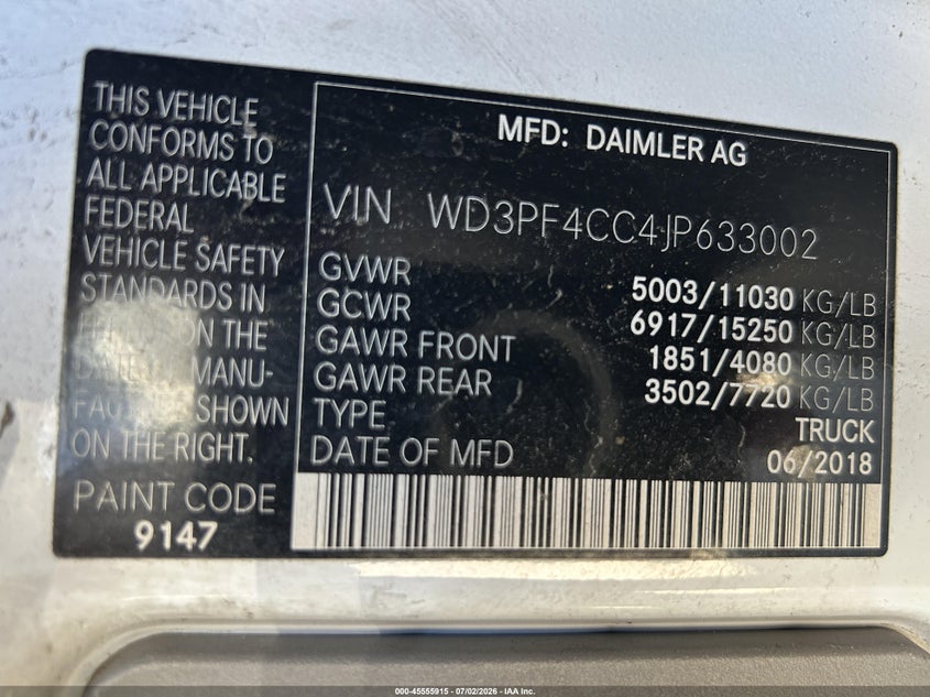 2018 Mercedes-benz Sprinter VIN WD3PF4CC4JP633002 IAAI salvage auction — NORMAL WEAR, Clear - Dealer Only (California), sold $5,875 on 2026-07-09 (photo 9)