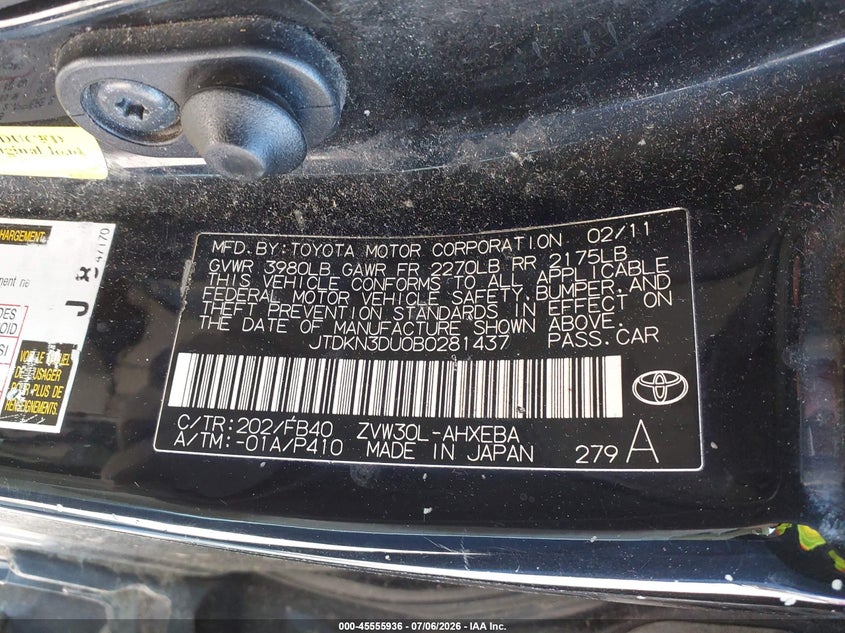 2011 Toyota Prius VIN JTDKN3DU0B0281437 IAAI salvage auction — NORMAL WEAR, Clear (Illinois), sold $775 on 2026-07-29 (photo 9)