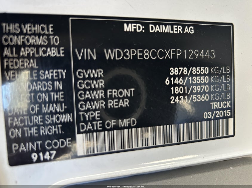 2015 Mercedes-benz Sprinter VIN WD3PE8CCXFP129443 IAAI salvage auction — NORMAL WEAR, Clear - Dealer Only (California), sold $3,550 on 2026-08-01 (photo 9)