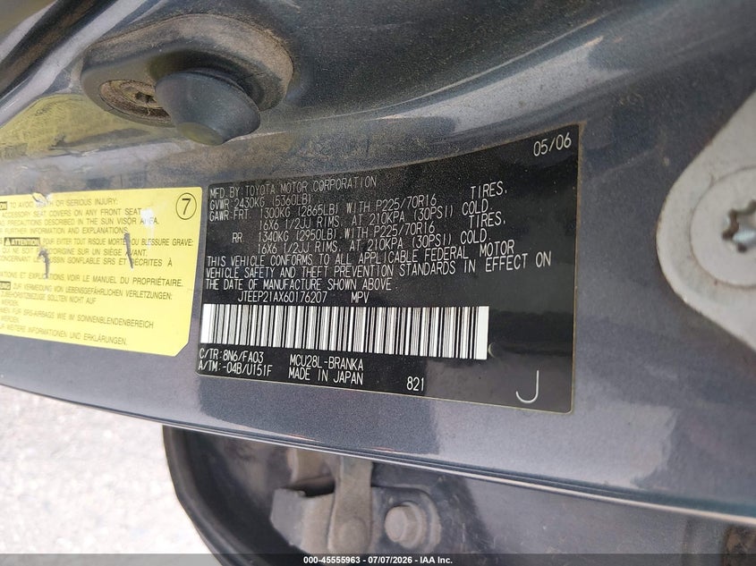 2006 Toyota Highlander VIN JTEEP21AX60176207 IAAI salvage auction — NORMAL WEAR, Clear (Colorado), sold $775 on 2026-07-28 (photo 9)