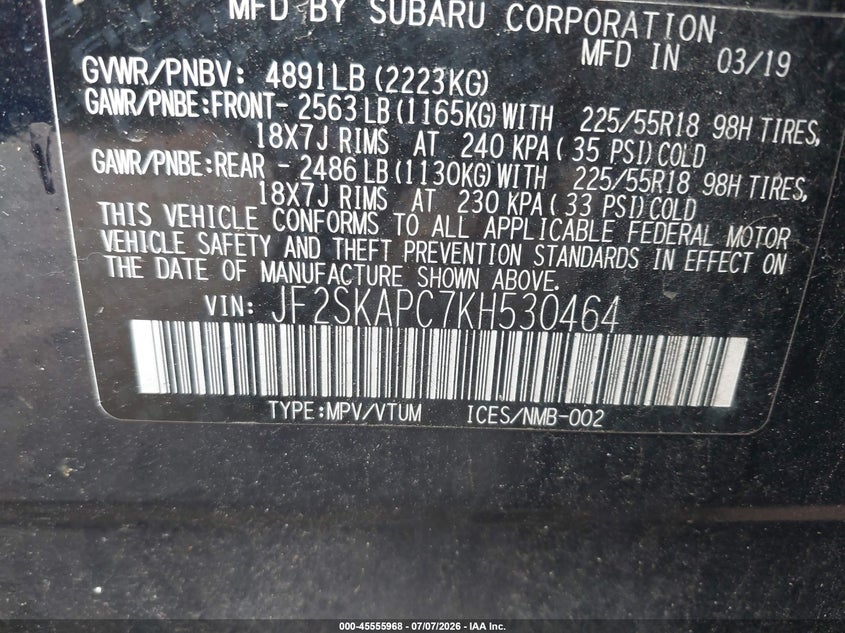 2019 Subaru Forester VIN JF2SKAPC7KH530464 IAAI salvage auction — FRONT & REAR, Salvage - Greater Than 75% (Maryland), sold $3,800 on 2026-08-02 (photo 9)