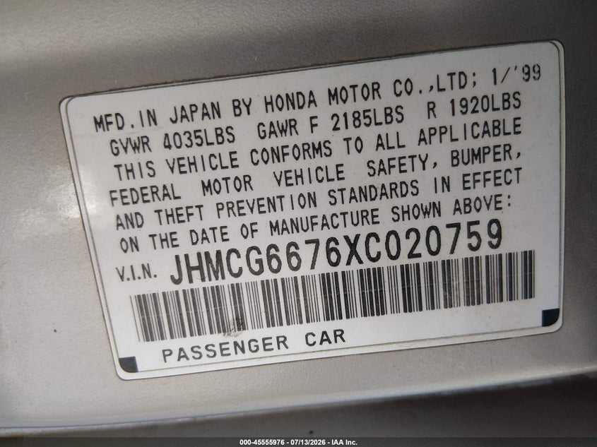 1999 Honda Accord VIN JHMCG6676XC020759 IAAI salvage auction — REAR END, Salvage (California), sold $200 on 2026-07-30 (photo 9)