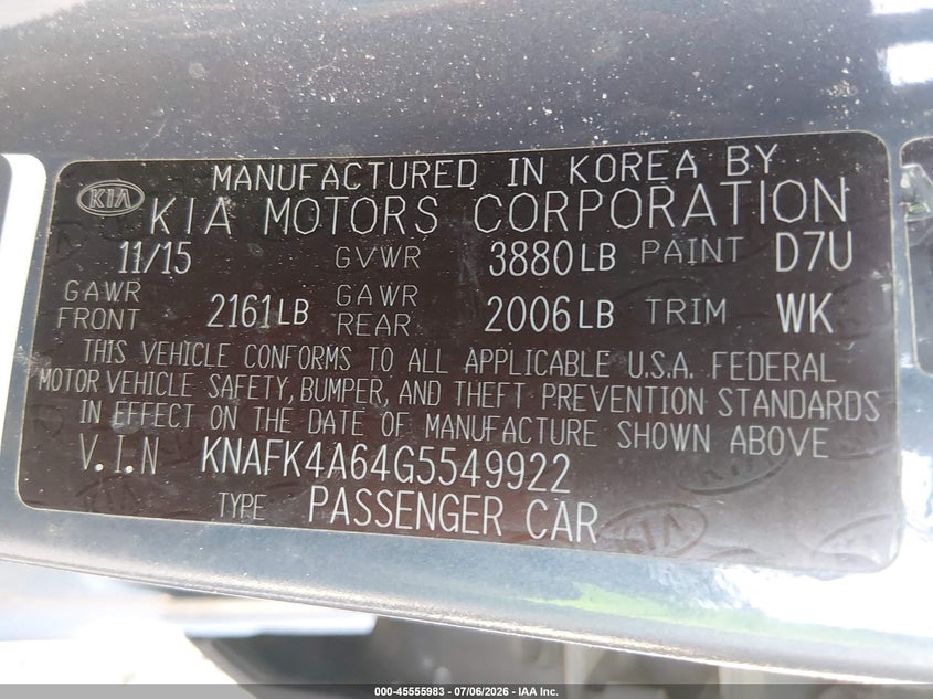 2016 Kia Forte VIN KNAFK4A64G5549922 IAAI salvage auction — NORMAL WEAR, Clear-Dealer Only (Arizona), sold $1,150 on 2026-07-14 (photo 9)