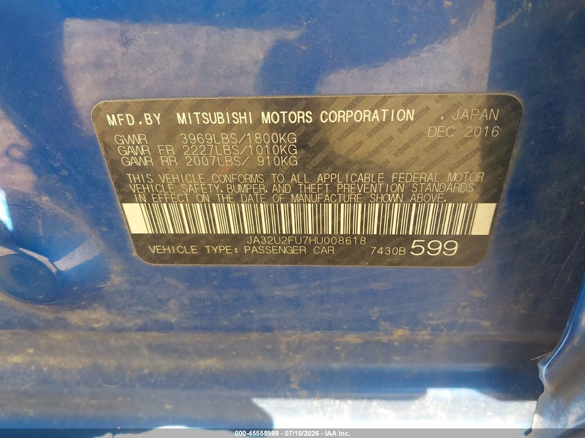 2017 Mitsubishi Lancer VIN JA32U2FU7HU008618 IAAI salvage auction — FRONT END, Original (Texas), sold $75 on 2026-07-23 (photo 9)