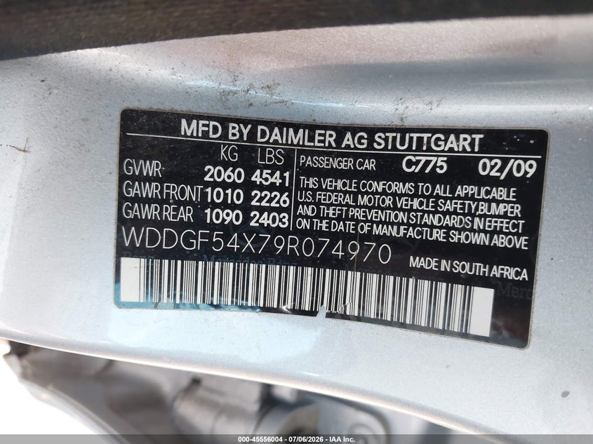 2009 Mercedes-benz C class VIN WDDGF54X79R074970 IAAI salvage auction — NORMAL WEAR, Original (Texas), sold $850 on 2026-07-21 (photo 9)