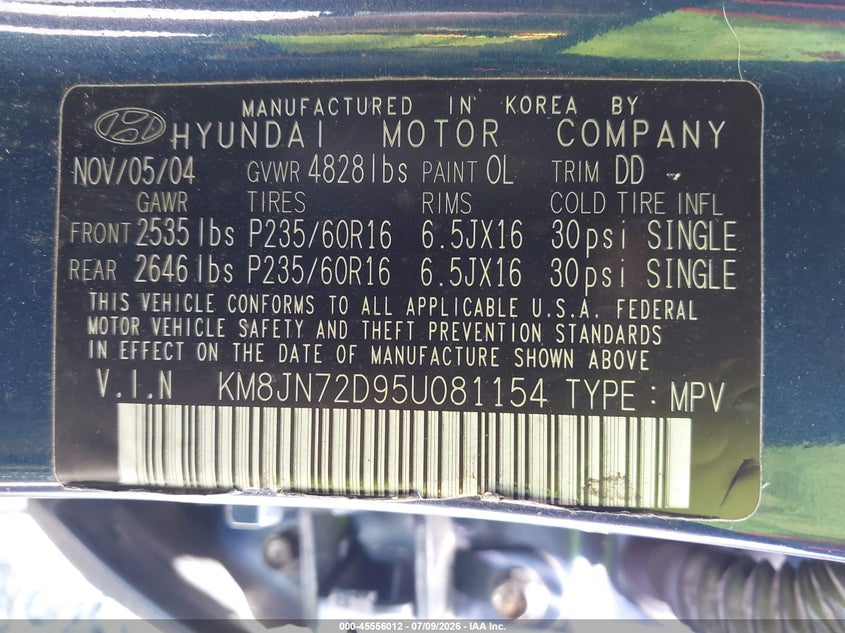 2005 Hyundai Tucson VIN KM8JN72D95U081154 IAAI salvage auction — REAR END, Bill Of Sale (Washington), sold $275 on 2026-07-29 (photo 9)