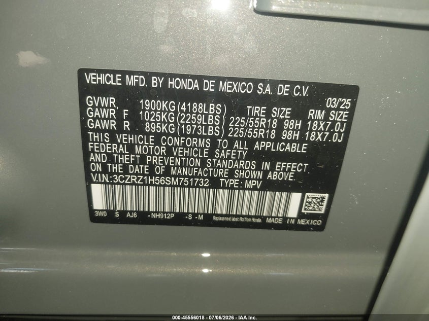 2025 Honda Hr-v VIN 3CZRZ1H56SM751732 IAAI salvage auction — FRONT END, Salvage Title, sold $11,000 on 2026-08-25 (photo 9)