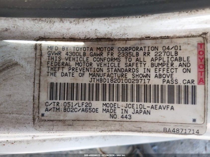 2001 Lexus Is 300 VIN JTHBD182010029717 IAAI salvage auction — NORMAL WEAR, Clear (Washington), sold $25 on 2026-07-15 (photo 9)
