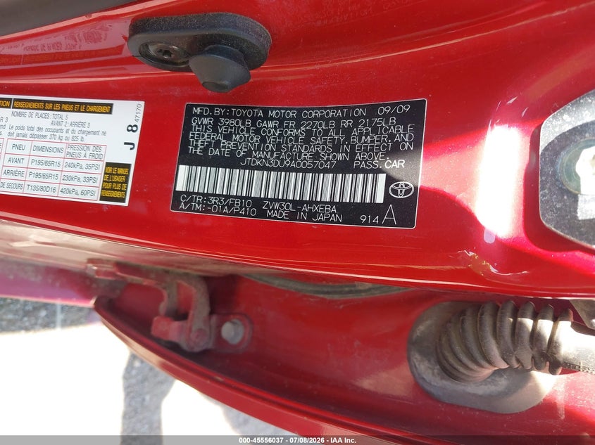 2010 Toyota Prius VIN JTDKN3DU9A0057047 IAAI salvage auction — NORMAL WEAR, Salvage (Nebraska), sold $25 on 2026-07-30 (photo 9)