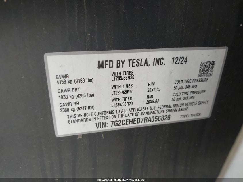 2024 Tesla Cybertruck VIN 7G2CEHED7RA056826 IAAI salvage auction — BIOHAZARD/CHEMICAL, Bill Of Sale (Washington), sold $2,650 on 2026-07-30 (photo 9)
