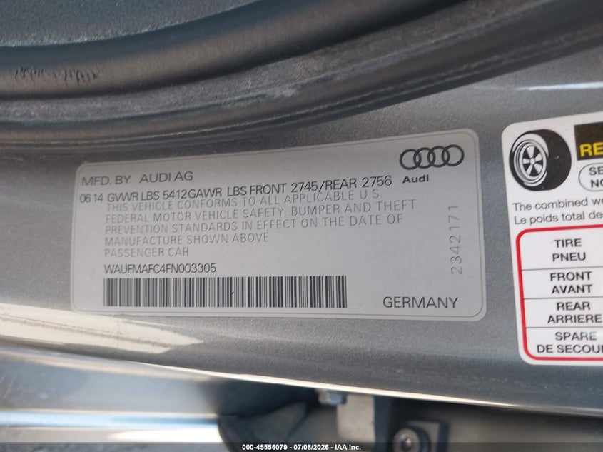 2015 Audi A6 VIN WAUFMAFC4FN003305 IAAI salvage auction — WATER/FLOOD, Salvage (Ohio), sold $1,800 on 2026-07-18 (photo 9)
