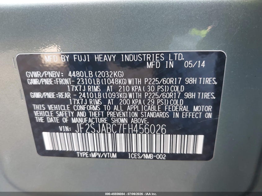 2015 Subaru Forester VIN JF2SJABC7FH456026 IAAI salvage auction — REAR END, Salvage Title, sold $3,650 on 2026-07-25 (photo 9)