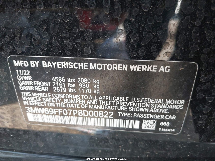 2023 BMW 3er VIN 3MW69FF07P8D00822 IAAI salvage auction — REAR END, Wait Title, sold $11,075 on 2026-10-20 (photo 9)