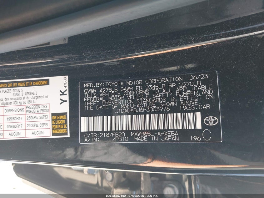 2023 Toyota Prius VIN JTDADABU6P3003976 IAAI salvage auction — FRONT END, Salvage (Ohio), sold $10,000 on 2026-07-21 (photo 9)