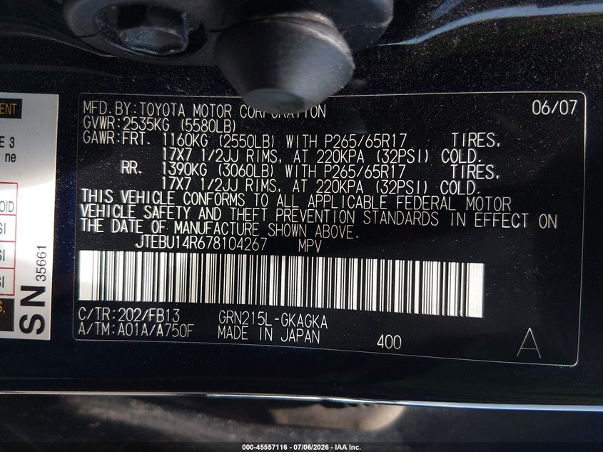 2007 Toyota 4runner VIN JTEBU14R678104267 IAAI salvage auction — FRONT & REAR, Salvage (North Carolina), sold $8,200 on 2026-07-23 (photo 9)