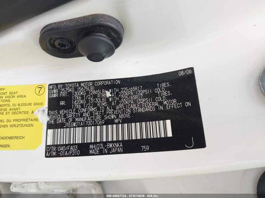 2007 Toyota Highlander hybrid VIN JTEGW21A170017069 IAAI salvage auction — NORMAL WEAR, Original (Ohio), sold $700 on 2026-07-30 (photo 9)