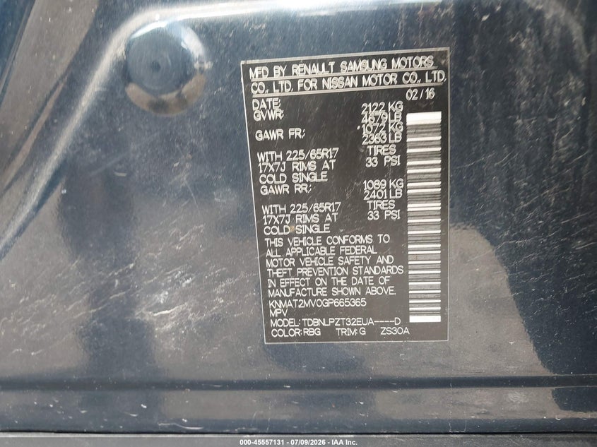 2016 Nissan Rogue VIN KNMAT2MV0GP665365 IAAI salvage auction — FRONT END, Clear (Wisconsin), sold $825 on 2026-07-23 (photo 9)