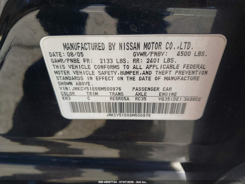 2006 Infiniti G35 VIN JNKCV51E66M500976 IAAI salvage auction — SIDE, Salvage (California), sold $825 on 2026-07-22 (photo 9)