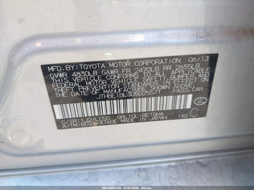 2013 Lexus Gs VIN JTHBE1BL3D5025571 IAAI salvage auction — RIGHT REAR, Salvage Certificate (California), sold $1,850 on 2026-09-04 (photo 9)