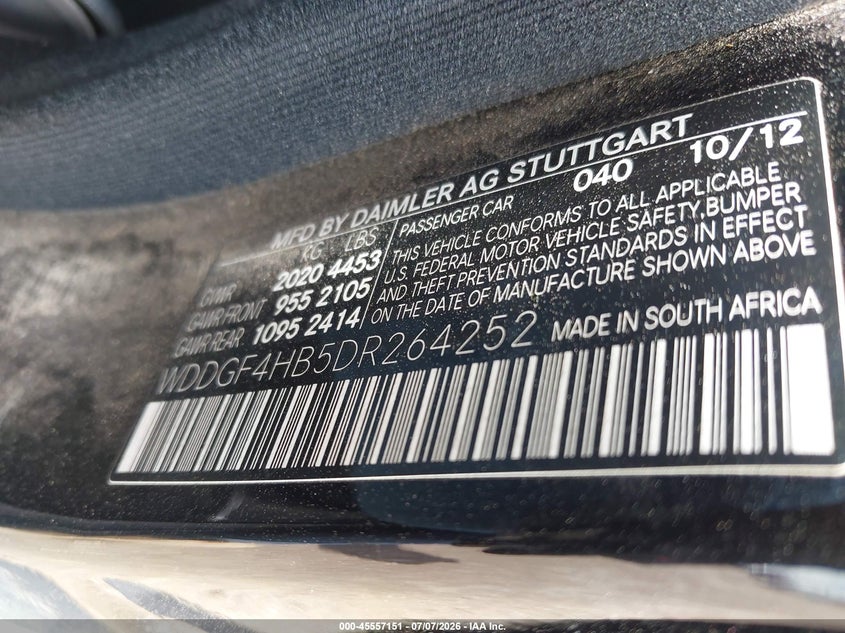 2013 Mercedes-benz C-klasse VIN WDDGF4HB5DR264252 IAAI salvage auction — NORMAL WEAR, Original (Texas), sold $450 on 2026-07-29 (photo 9)