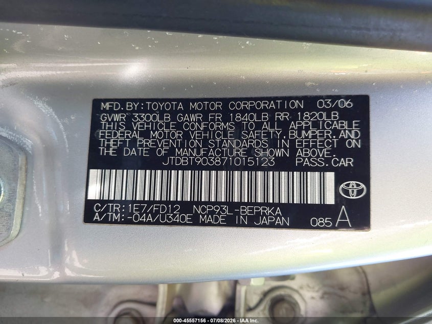 2007 Toyota Yaris VIN JTDBT903871015123 IAAI salvage auction — RIGHT SIDE, Bill Of Sale (Washington), sold $625 on 2026-07-14 (photo 9)