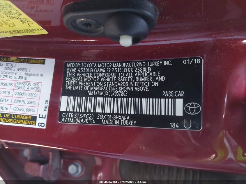 2018 Toyota C-hr VIN NMTKHMBX0JR057802 IAAI salvage auction — LEFT REAR, Lien Papers (California), sold $3,500 on 2026-07-17 (photo 9)