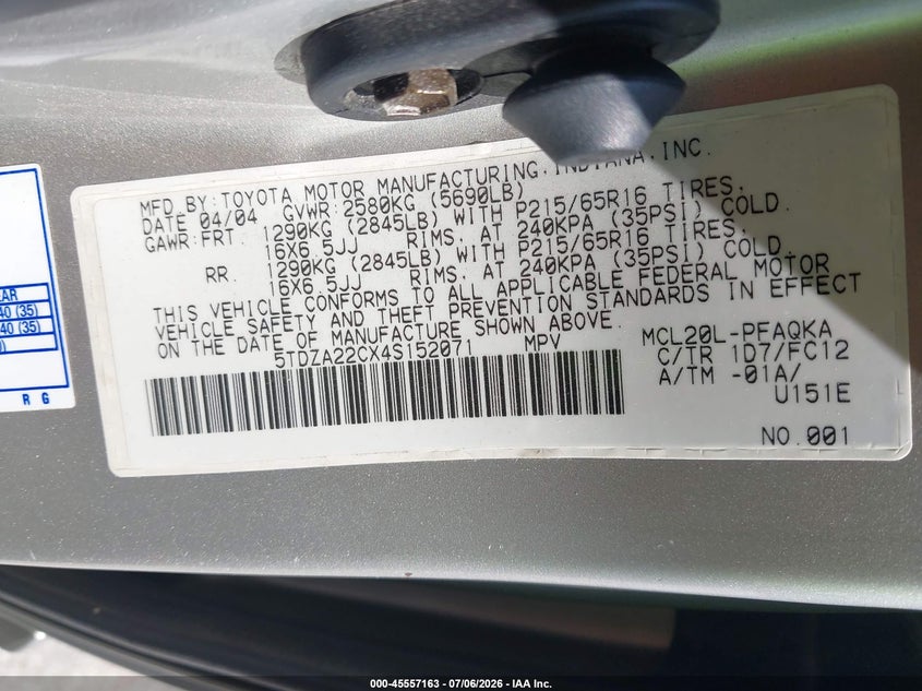 2004 Toyota Sienna VIN 5TDZA22CX4S152071 IAAI salvage auction — NORMAL WEAR, Clear (Missouri), sold $550 on 2026-07-22 (photo 9)