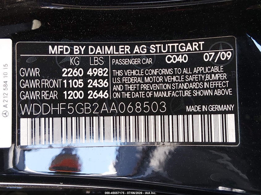 2010 Mercedes-benz E-class VIN WDDHF5GB2AA068503 IAAI salvage auction — FRONT END, Salvage (California), sold $25 on 2026-07-27 (photo 9)