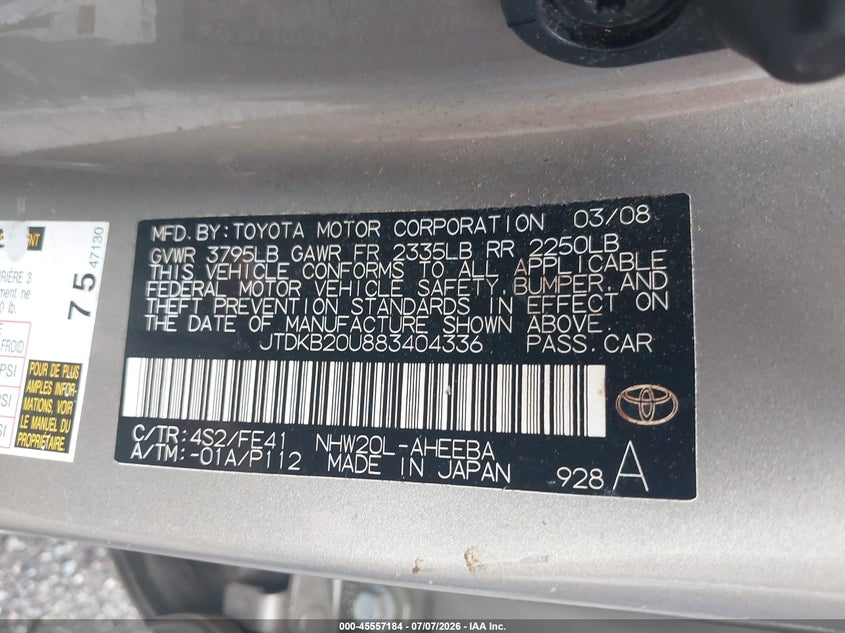 2008 Toyota Prius VIN JTDKB20U883404336 IAAI salvage auction — NORMAL WEAR, Clear (Virginia), sold $2,050 on 2026-07-15 (photo 9)