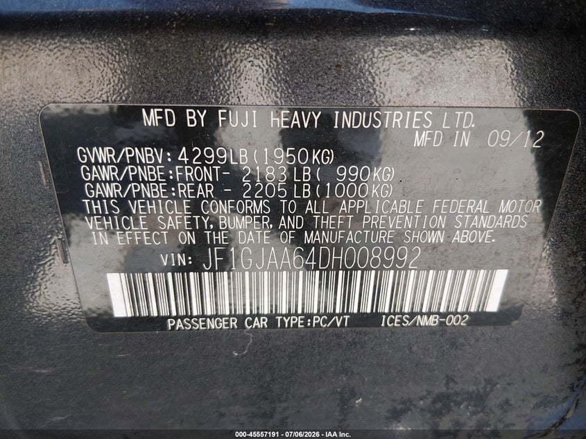 2013 Subaru Impreza VIN JF1GJAA64DH008992 IAAI salvage auction — LEFT FRONT, Clear (Washington), sold $1,600 on 2026-07-29 (photo 9)