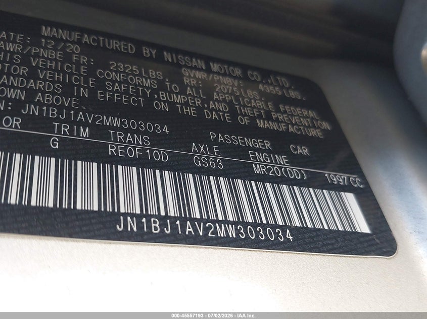 2021 Nissan Rogue VIN JN1BJ1AV2MW303034 IAAI salvage auction — FRONT END, Lien Papers (California), sold $1,350 on 2026-07-15 (photo 9)