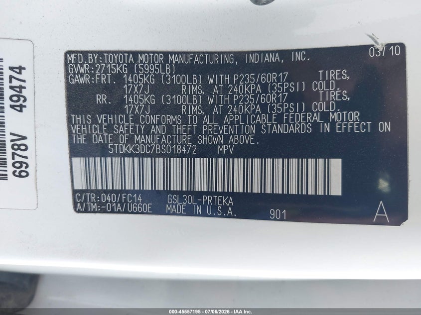 2011 Toyota Sienna VIN 5TDKK3DC7BS018472 IAAI salvage auction — FRONT & REAR, Salvage (California), sold $1,350 on 2026-07-29 (photo 9)