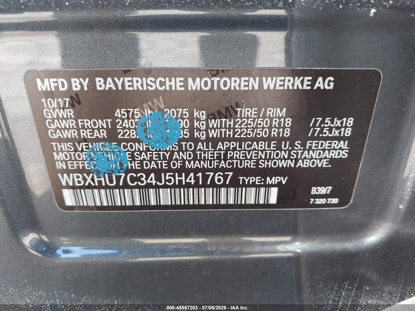 2018 BMW X1 VIN WBXHU7C34J5H41767 IAAI salvage auction — FRONT END, Salvage Title, sold $75 on 2026-07-29 (photo 9)