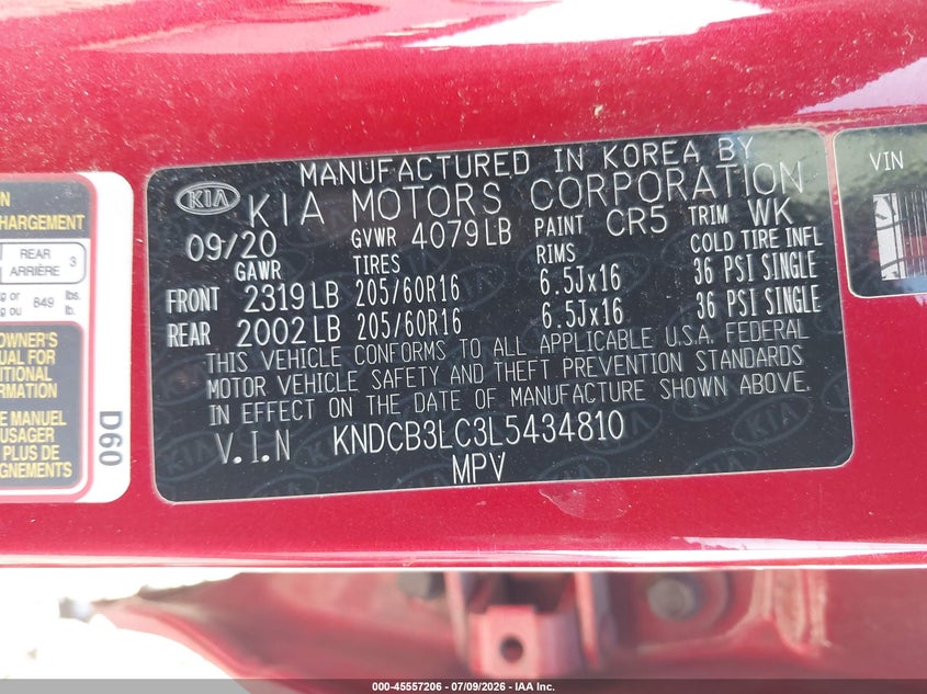 2020 Kia Niro VIN KNDCB3LC3L5434810 IAAI salvage auction — FRONT END, Bill Of Sale (Washington), sold $3,000 on 2026-07-29 (photo 9)