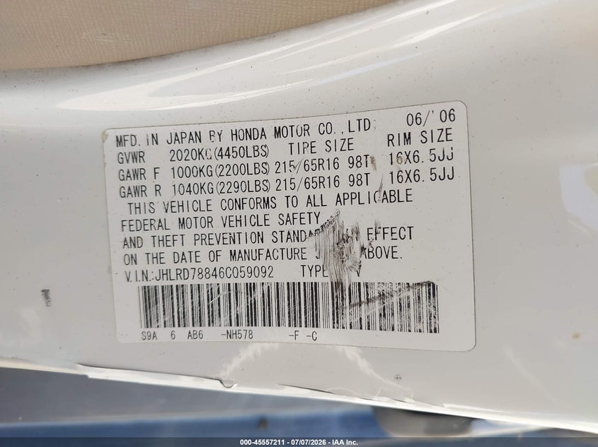 2006 Honda Cr-v VIN JHLRD78846C059092 IAAI salvage auction — SIDE, Salvage (California), sold $25 on 2026-07-17 (photo 9)