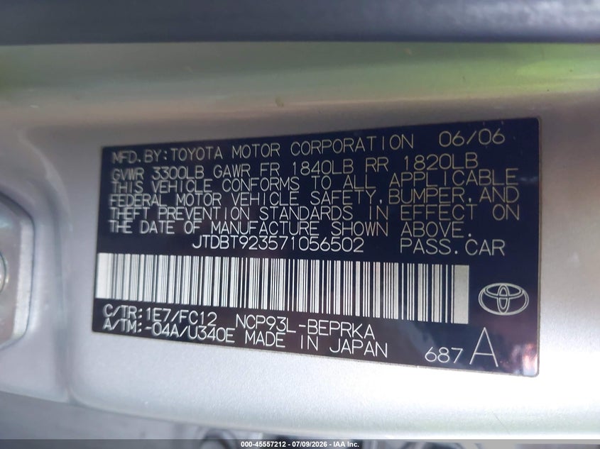 2007 Toyota Yaris VIN JTDBT923571056502 IAAI salvage auction — FRONT END, Salvage (Arizona), sold $500 on 2026-07-16 (photo 9)