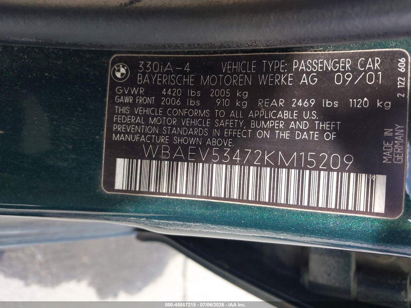 2002 BMW 3 series VIN WBAEV53472KM15209 IAAI salvage auction — NORMAL WEAR, Clear - Dealer Only (California), sold $375 on 2026-07-29 (photo 9)