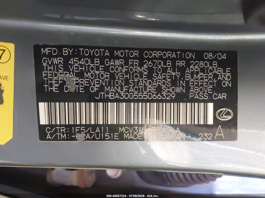 2005 Lexus Es 330 VIN JTHBA30G555066329 IAAI salvage auction — NORMAL WEAR, Clear (Minnesota), sold $700 on 2026-07-29 (photo 9)