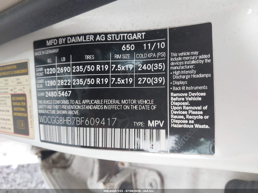 2011 Mercedes-benz Glk-class VIN WDCGG8HB7BF609417 IAAI salvage auction — NORMAL WEAR, Clear (New York), sold $1,600 on 2026-07-21 (photo 9)