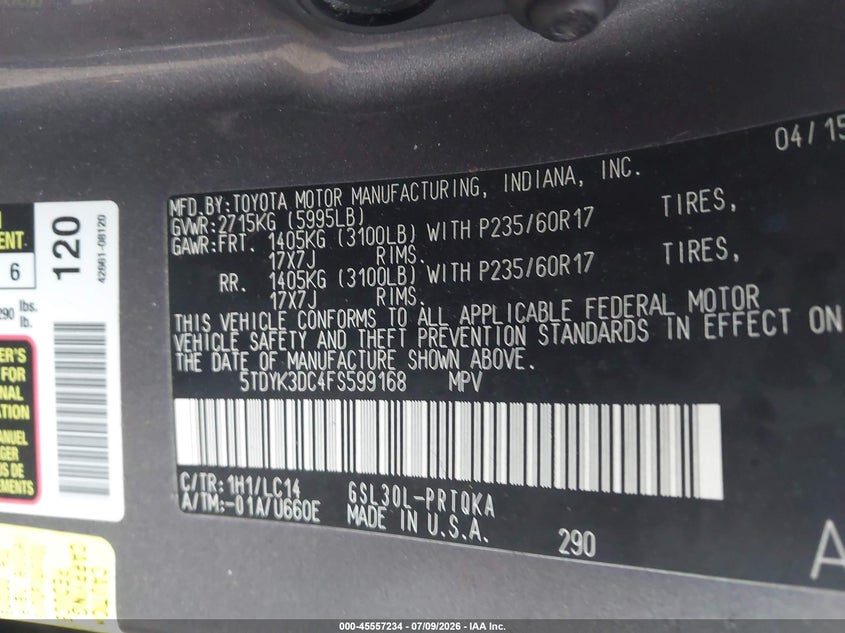 2015 Toyota Sienna VIN 5TDYK3DC4FS599168 IAAI salvage auction — ELECTRICAL, Clear (Wisconsin), sold $1,700 on 2026-07-30 (photo 9)