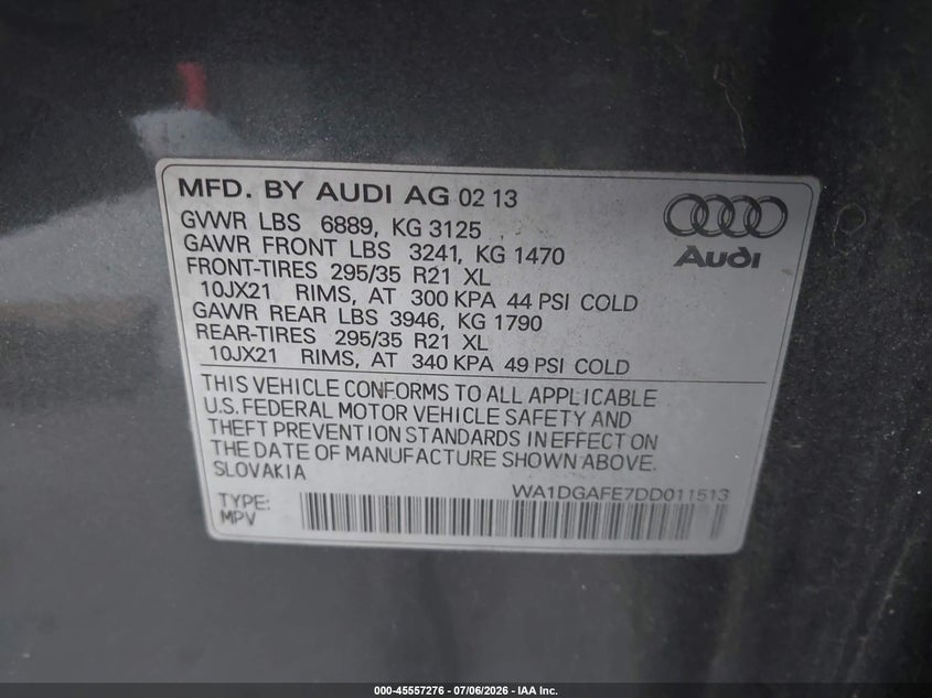 2013 Audi Q7 VIN WA1DGAFE7DD011513 IAAI salvage auction — NORMAL WEAR, Clear (Florida), sold $250 on 2026-07-29 (photo 9)
