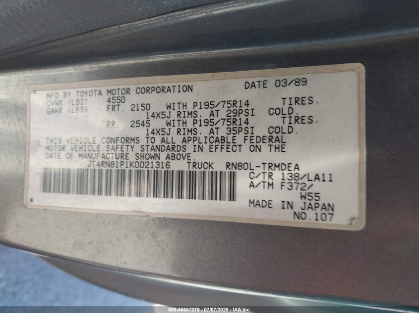 1989 Toyota Pickup VIN JT4RN81P1K0021316 IAAI salvage auction — LEFT FRONT, Salvage (California), sold $2,000 on 2026-07-30 (photo 9)
