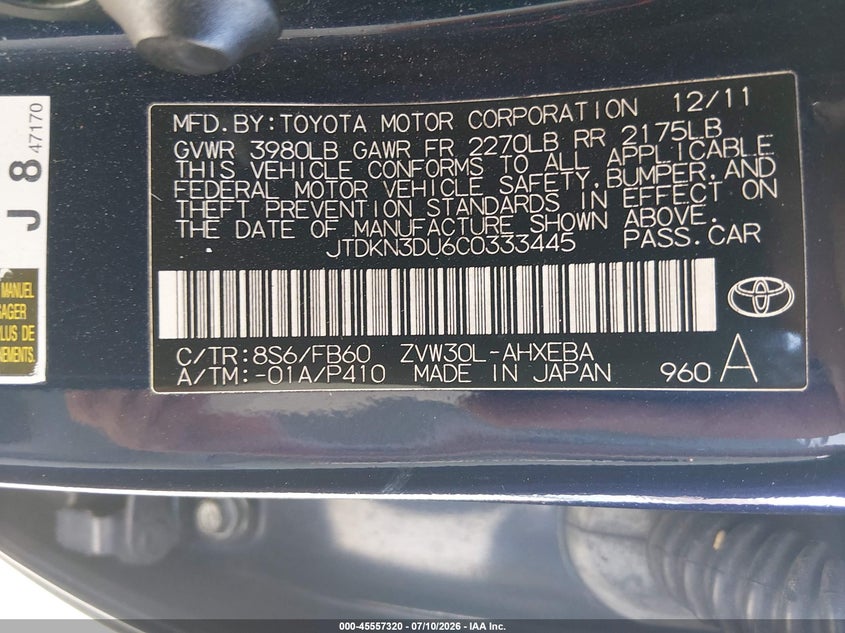 2012 Toyota Prius VIN JTDKN3DU6C0333445 IAAI salvage auction — NORMAL WEAR, App For Dup Clear (California), sold $600 on 2026-07-29 (photo 9)