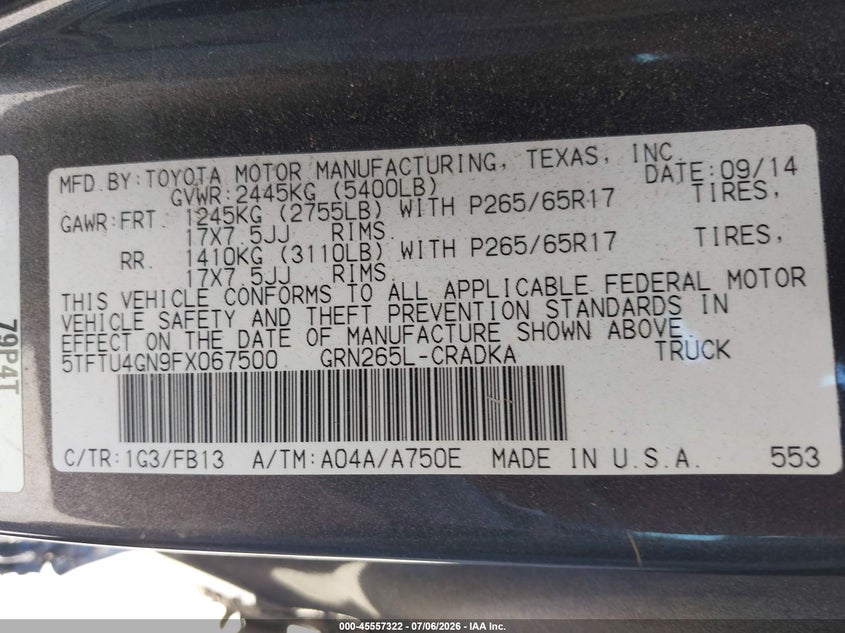 2015 Toyota Tacoma VIN 5TFTU4GN9FX067500 IAAI salvage auction — SIDE, Lien Papers (California), sold $3,025 on 2026-07-22 (photo 9)